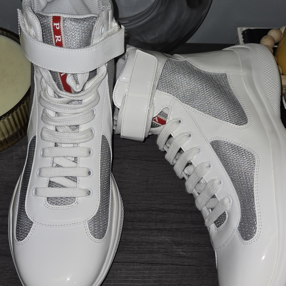 Prada Men's White and Gray High-Top Sneakers